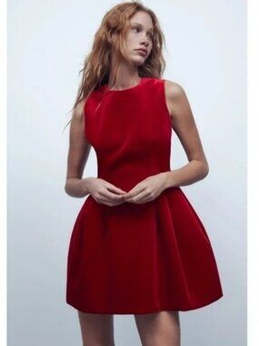 NWOT ZARA Voluminous Red Structured Velvet Mini Blogger's Fav Dress.  SZ M